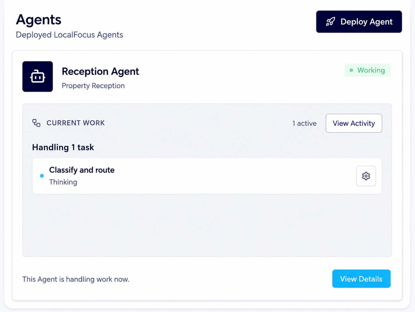 LocalFocus Agents dashboard showing a reception agent actively classifying and routing work