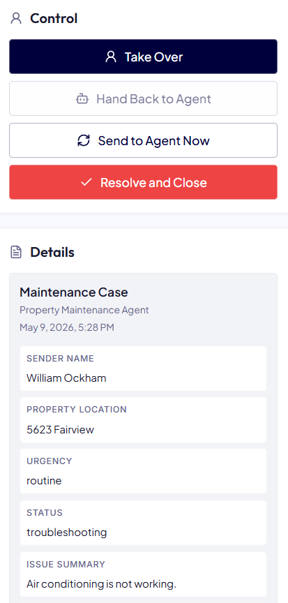 LocalFocus Workspace control panel showing take over, hand back, send to agent, and resolve actions
