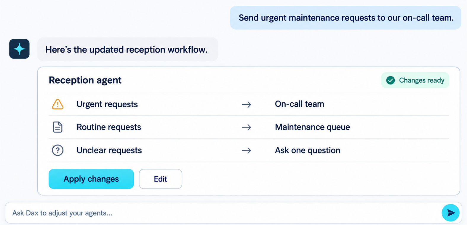 Dax AI configuration assistant updating reception agent routing for urgent, routine, and unclear maintenance requests