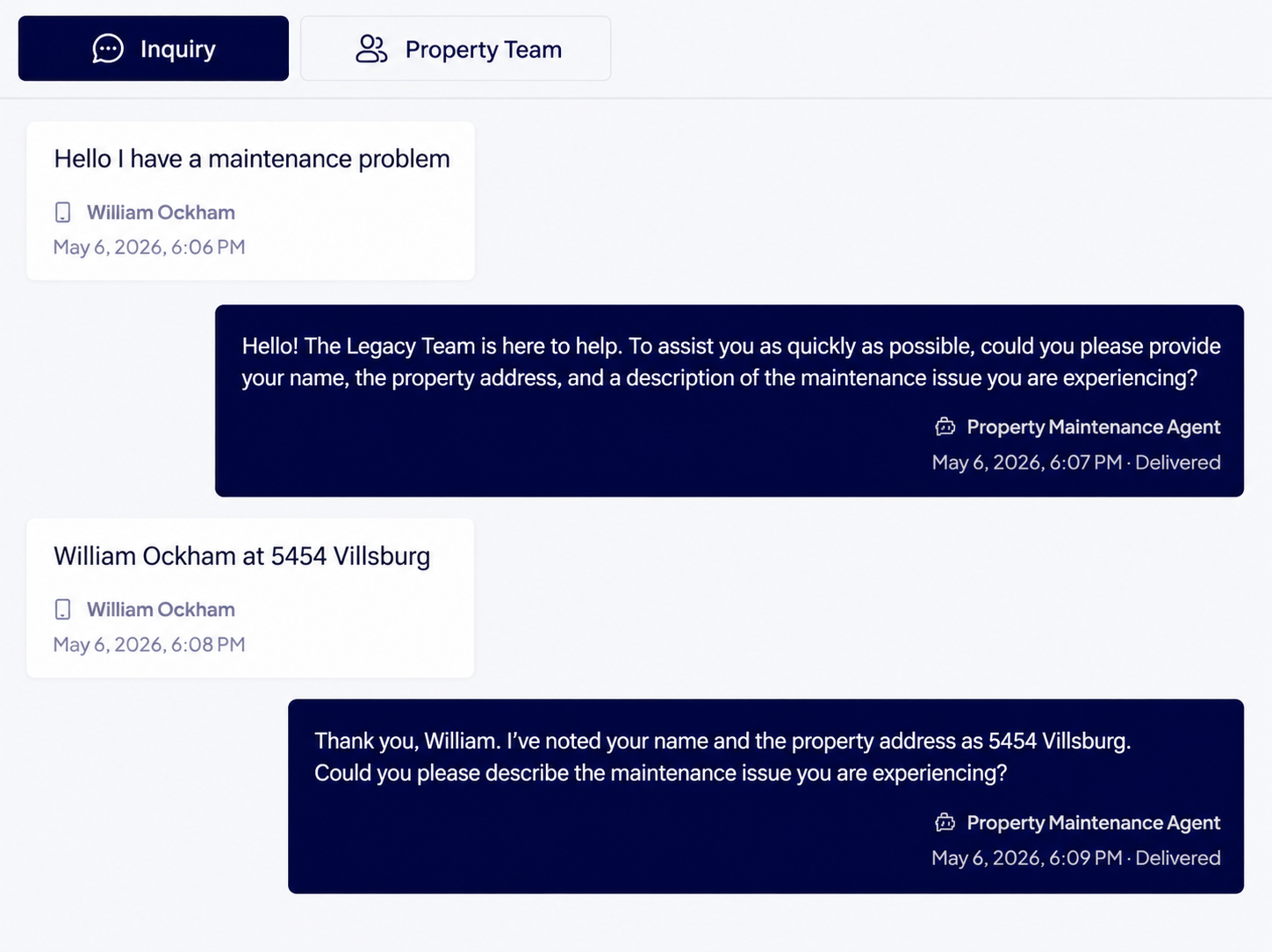 LocalFocus Workspace conversation view showing a maintenance inquiry and agent response